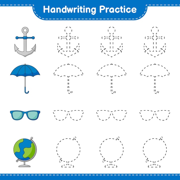 Handwriting practice Tracing lines of Globe Sunglasses Umbrella and Anchor Educational children game printable worksheet vector illustration