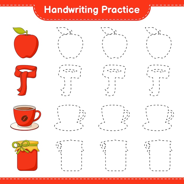 Handwriting practice Tracing lines of Jam Coffee Cup Apple and Scarf Educational children game