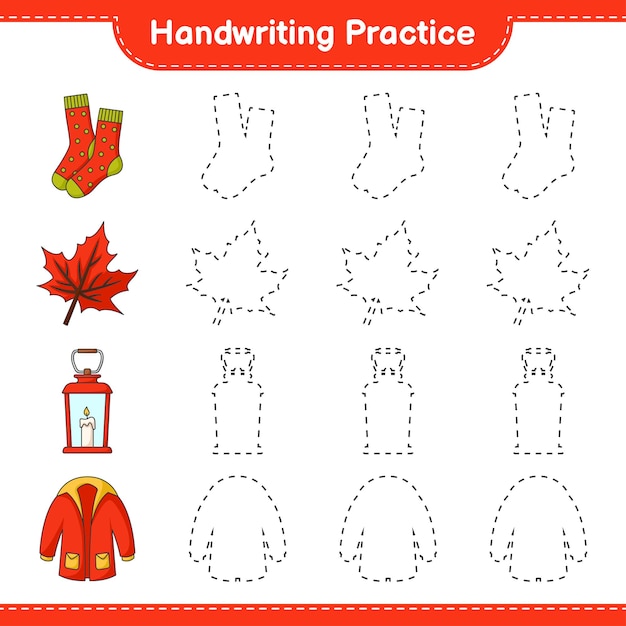 Handwriting practice Tracing lines of Lantern Socks Warm Clothes and Maple Leaf