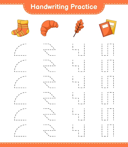 Handwriting practice Tracing lines of Oak Leaf Socks Book and Croissant