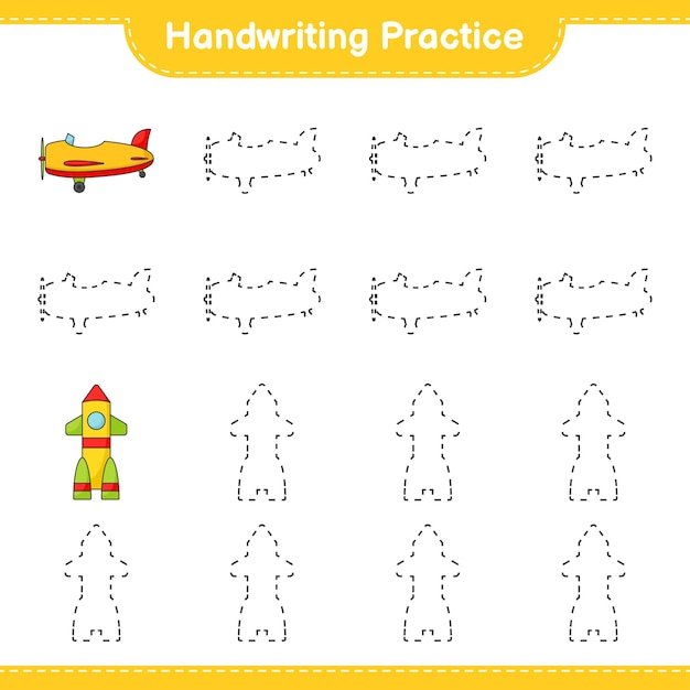 Handwriting practice. Tracing lines of Plane and Rocket. Educational children game, printable worksheet, vector illustration