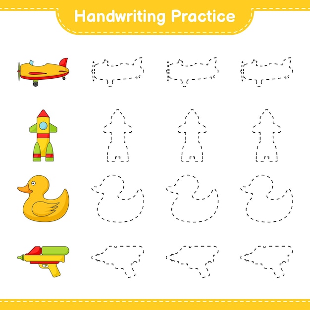 Handwriting practice. Tracing lines of Plane, Rocket, Rubber Duck, and Water Gun. Educational children game