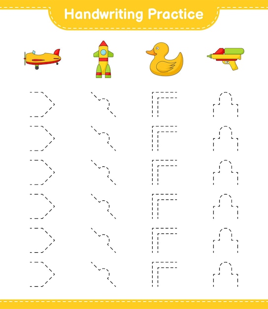 Handwriting practice. Tracing lines of Plane, Rocket, Rubber Duck, and Water Gun. Educational children game