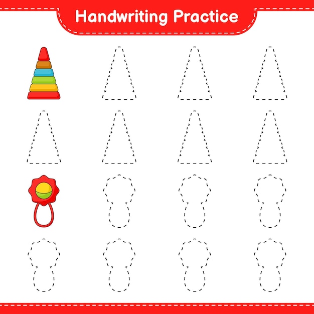 Handwriting practice. Tracing lines of Pyramid Toy and Baby Rattle. Educational children game, printable worksheet, vector illustration