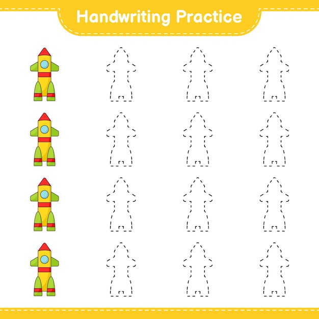 Handwriting practice. Tracing lines of Rocket. Educational children game, printable worksheet, vector illustration