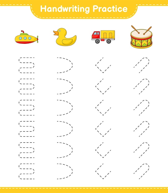 Handwriting practice. Tracing lines of Submarine, Rubber Duck, Lorry, and Drum. Educational children game