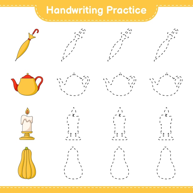 Handwriting practice Tracing lines of Teapot Candle Butternut Squash and Umbrella