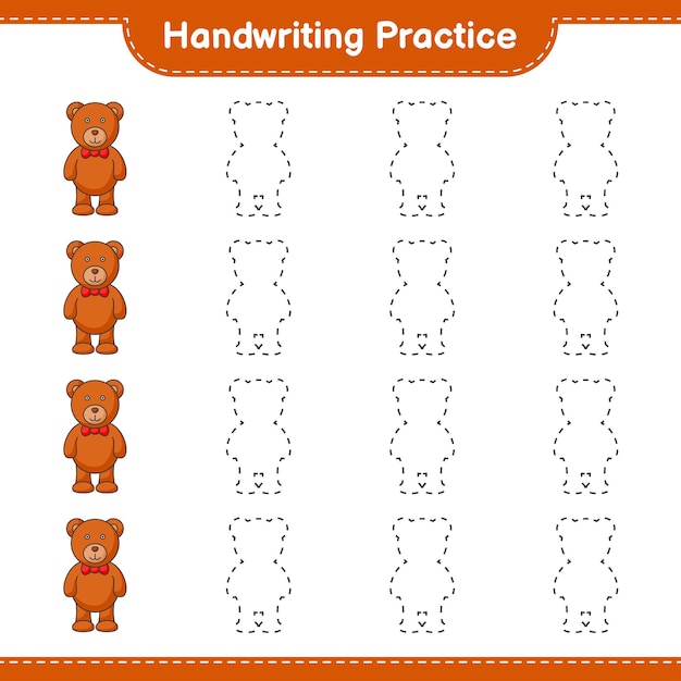 Handwriting practice. Tracing lines of Teddy Bear. Educational children game, printable worksheet, vector illustration