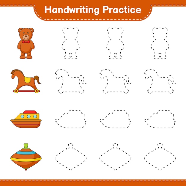 Handwriting practice. Tracing lines of Teddy Bear, Rocking Horse, Boat, and Whirligig Toy. Educational children game