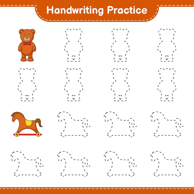 Handwriting practice. Tracing lines of Teddy Bear and Rocking Horse. Educational children game, printable worksheet, vector illustration