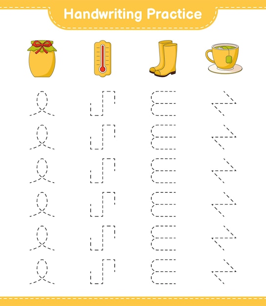 Handwriting practice Tracing lines of Thermometer Rubber Boots Teacup and Jam