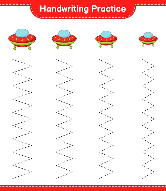 Handwriting practice. Tracing lines of Ufo. Educational children game, printable worksheet, vector illustration