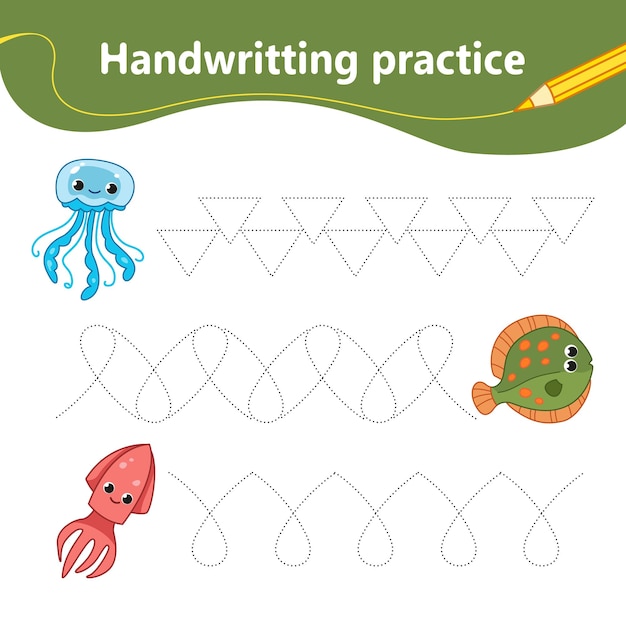 Handwriting practice We learn the first letter of the string by dots Set with fish Preschool