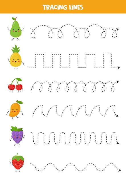 Handwriting practice with cute kawaii fruits Tracing lines for preschoolers Vector illustration kawaii fruits