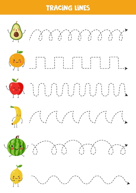 Handwriting practice with cute kawaii fruits Tracing lines for preschoolers Vector illustration of kawaii fruits