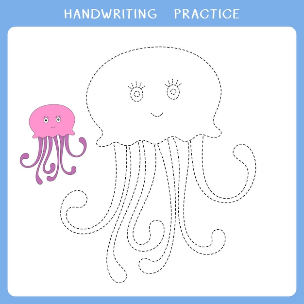 Handwriting practice worksheet with cute jellyfish