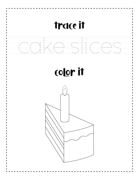 handwriting word tracing and color cake slices with candles handwriting practice for kids