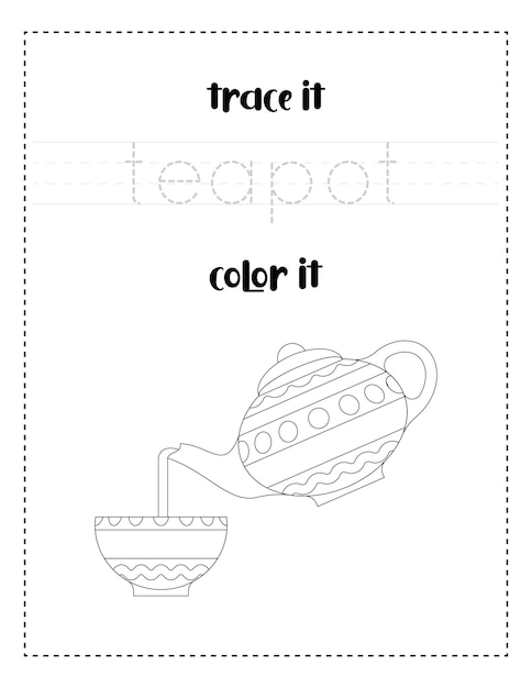 handwriting word tracing and color pouring tea from a teapot handwriting practice for kids