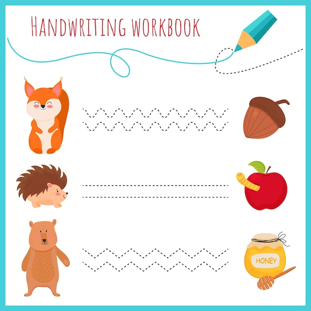 Handwriting workbook for children Worksheets for learning letters Activity book for kids Educational pages for preschool Fox hedgehog bear apple honey acorn