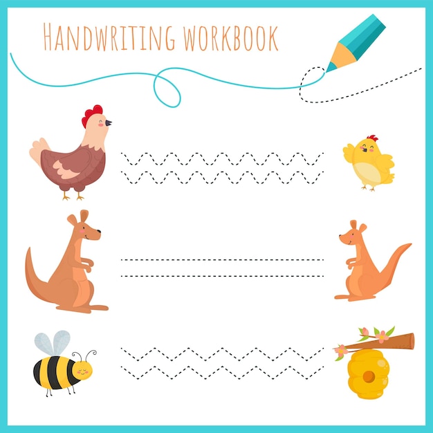 Vector handwriting workbook for children worksheets for learning letters activity book for kids educational pages for preschool hicken kangaroo bee nestling beehive