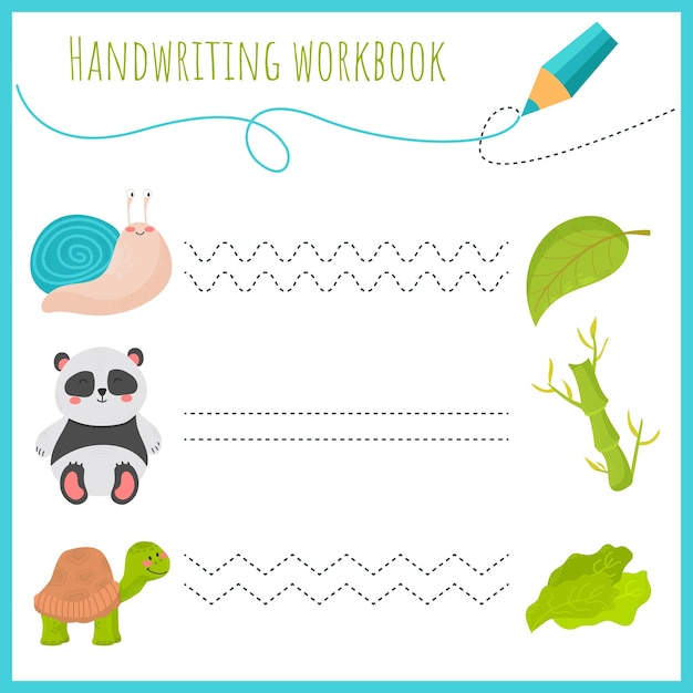 Handwriting workbook for children Worksheets for learning letters Activity book for kids Educational pages for preschool Snail panda turtle leaf bamboo salad spinach