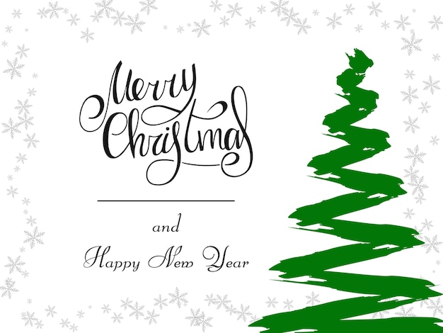 Handwritten black lettering on a white background. Magic green Christmas tree made of brush strokes with gray snowflakes. Merry Christmas and Happy New Year 2022.