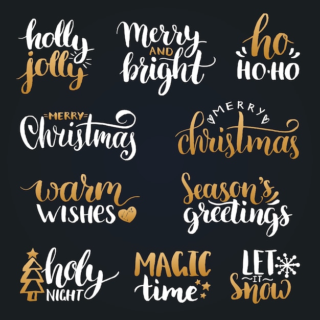  handwritten Christmas and New Year calligraphy set.Happy Holidays, Holly Jolly etc lettering.