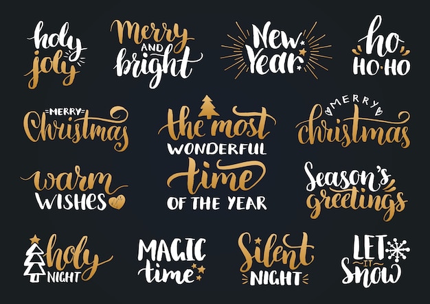   handwritten Christmas and New Year calligraphy set with festive decorations. Happy Holidays, Holly Jolly etc lettering.