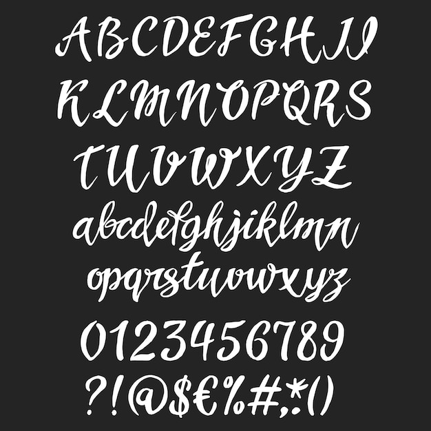 Handwritten font letters Brush font with Uppercase lowercase numbers and punctuation white symbols