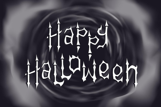 Handwritten Gothicstyle happy Halloween lettering with a backdrop of swirling fog smoke and shadows in mystical style and cool tones Mystic Halloween banner Vector illustration