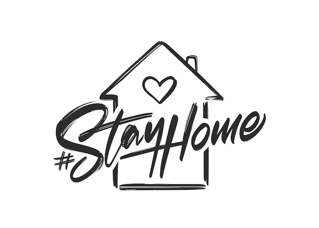 Handwritten hashtag lettering of Stay Home with hand drawn house.