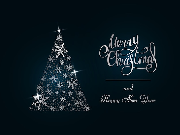 Vector handwritten silver lettering on a dark blue background. magic silver christmas tree of snowflakes. merry christmas and happy new year 2022.