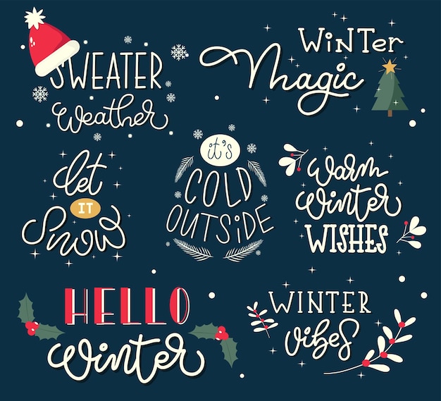 Handwritten winter lettering set for greeting cards. Christmas and new year design elements.