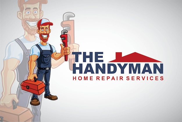 Vector handyman repairman logo hipster bearded man cartoon character design vector