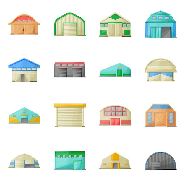 Hangar, warehouse of building  cartoon icon set. isolated illustration architecture of hangar .Icon set of facade building.