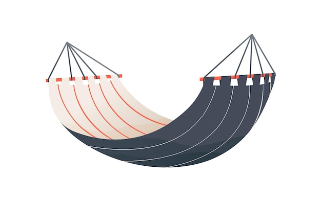 Hanged striped tissue hammock vector flat illustration. Colorful textile equipment for rest, sleep, recreation or swing isolated. Empty comfortable furniture at beach, camping, garden or backyard.