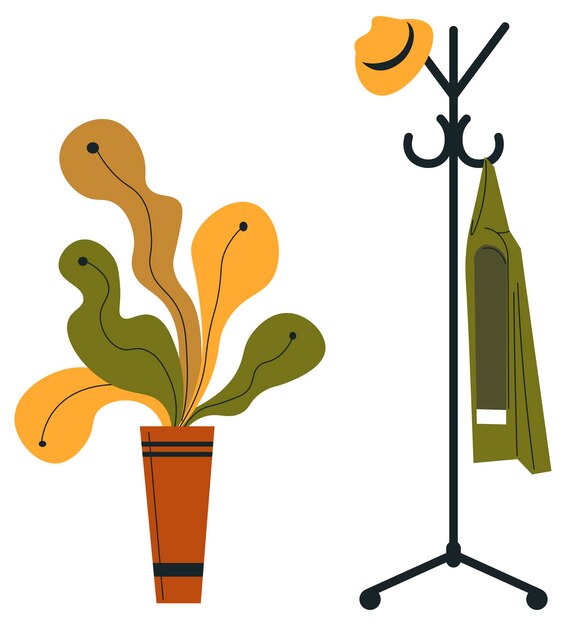 Hanger with coat and hat plant with leaves in pot