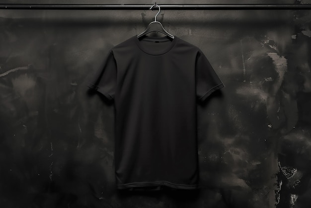 Vector hanger with stylish black tshirt on gray wooden wall