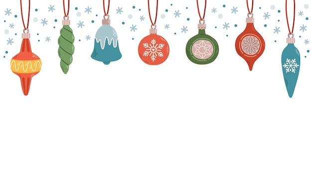 Hanging Christmas balls with ornaments banner flat design vector illustration