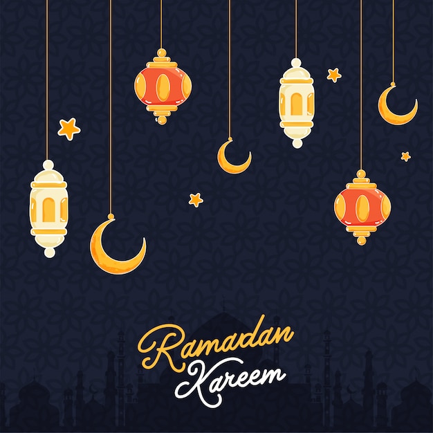 Hanging Colorful Lanterns and Crescent Moon, Mosque Silhouette Background For Ramadan Kareem Concept.