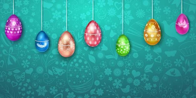 Hanging Easter eggs in various colors with colourful decoration