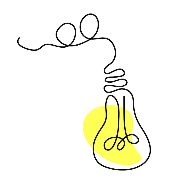 Hanging electric light bulb in line art style with yellow light minimalist linear lamp illustration