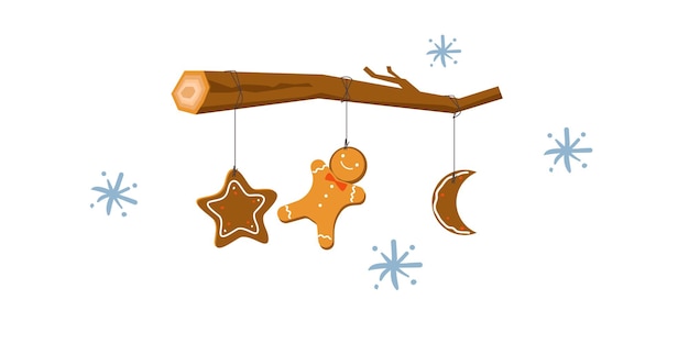 Hanging gingerbread man tree snowman and stars cookies isolated Christmas background