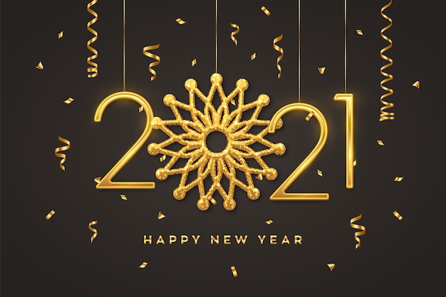 Hanging Golden metallic numbers 2021 with snowflake on black background. New Year greeting card.