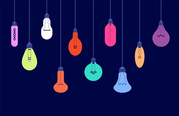 Vector hanging light bulbs. creative ideas and lighting energy technology concept with glowing lightbulbs background. hanging lighting lamp, light bulb creativity idea colorful illustration