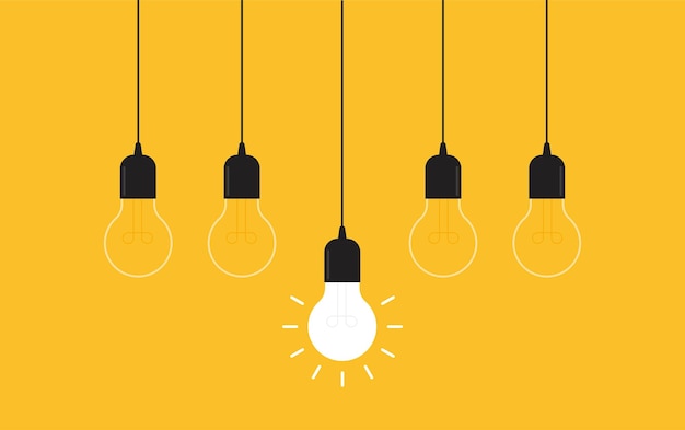 Vector hanging light bulbs with one glowing on yellow background concept of idea