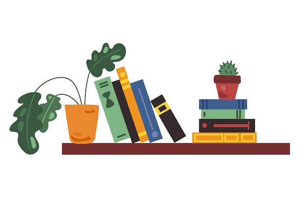 Hanging shelf with books and a flower Vector illustration