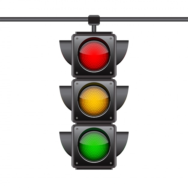 Hanging traffic lights with all three colors on