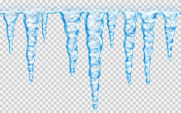 Hanging translucent seamless repeatable icicles in blue colors on transparent background