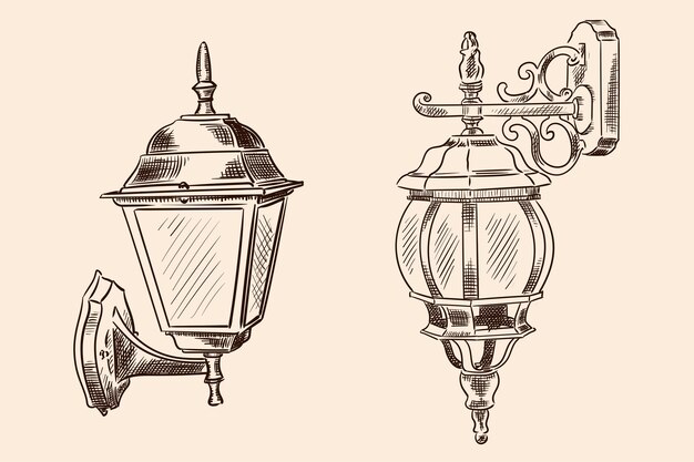 Vector hanging wall lamp in classic style for street lighting. handmade sketch on beige color